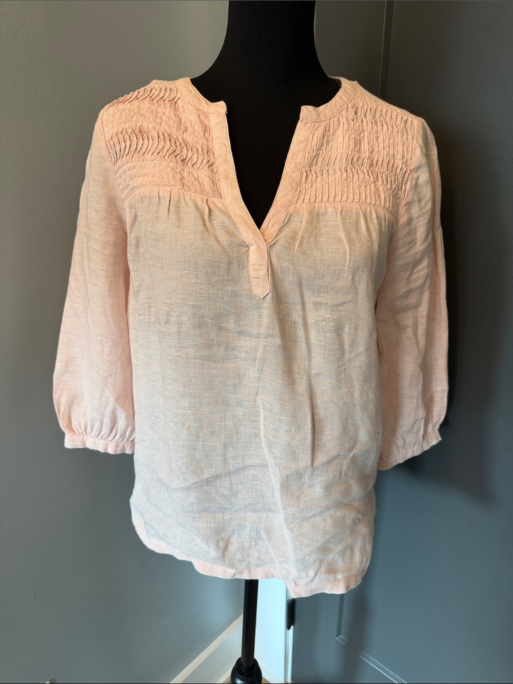Joie Soft Pink/PeachSmocked Yoke Split-Neck Blouse